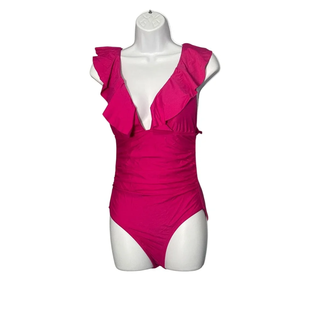 J. Crew‎ Ruffle V-Neck One-Piece Swimsuit Radiant Fuchsia Barbiecore Resortwear